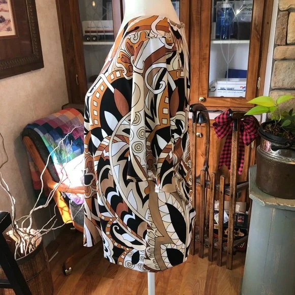 SUSAN GRAVER SIZE SMALL BROWN AND TAN MULTICOLORED SHORT SLEEVE BLOUSE 🔔 SLEEVE - Picture 3 of 4